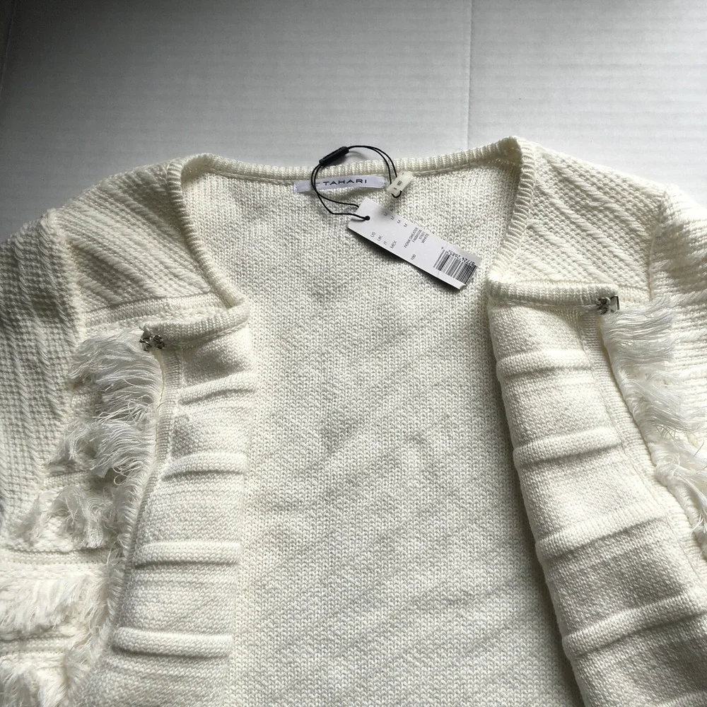 Tahari Ivory White Fiona Fringe Cardigan Sweater Sz M A1558